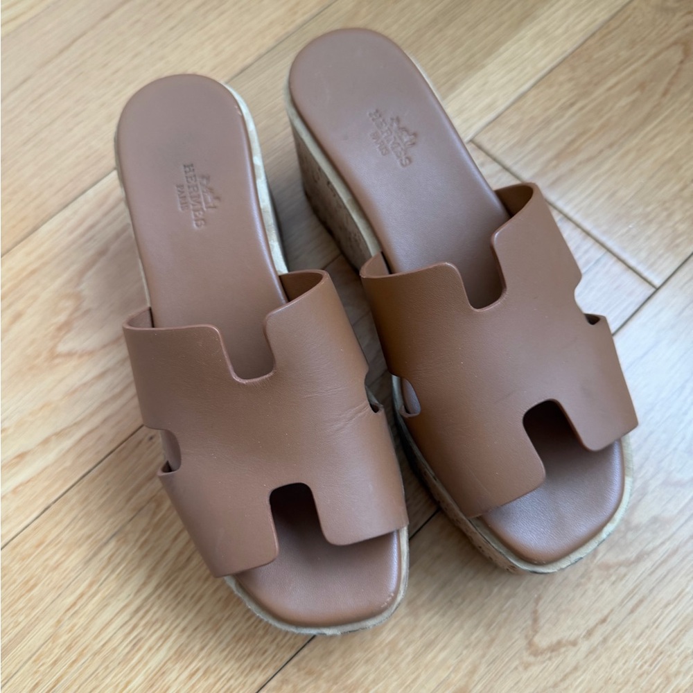 Hermes Brown Leather H-Cut Wedge Slide Sandals Eze 30 Sandals- barely used!